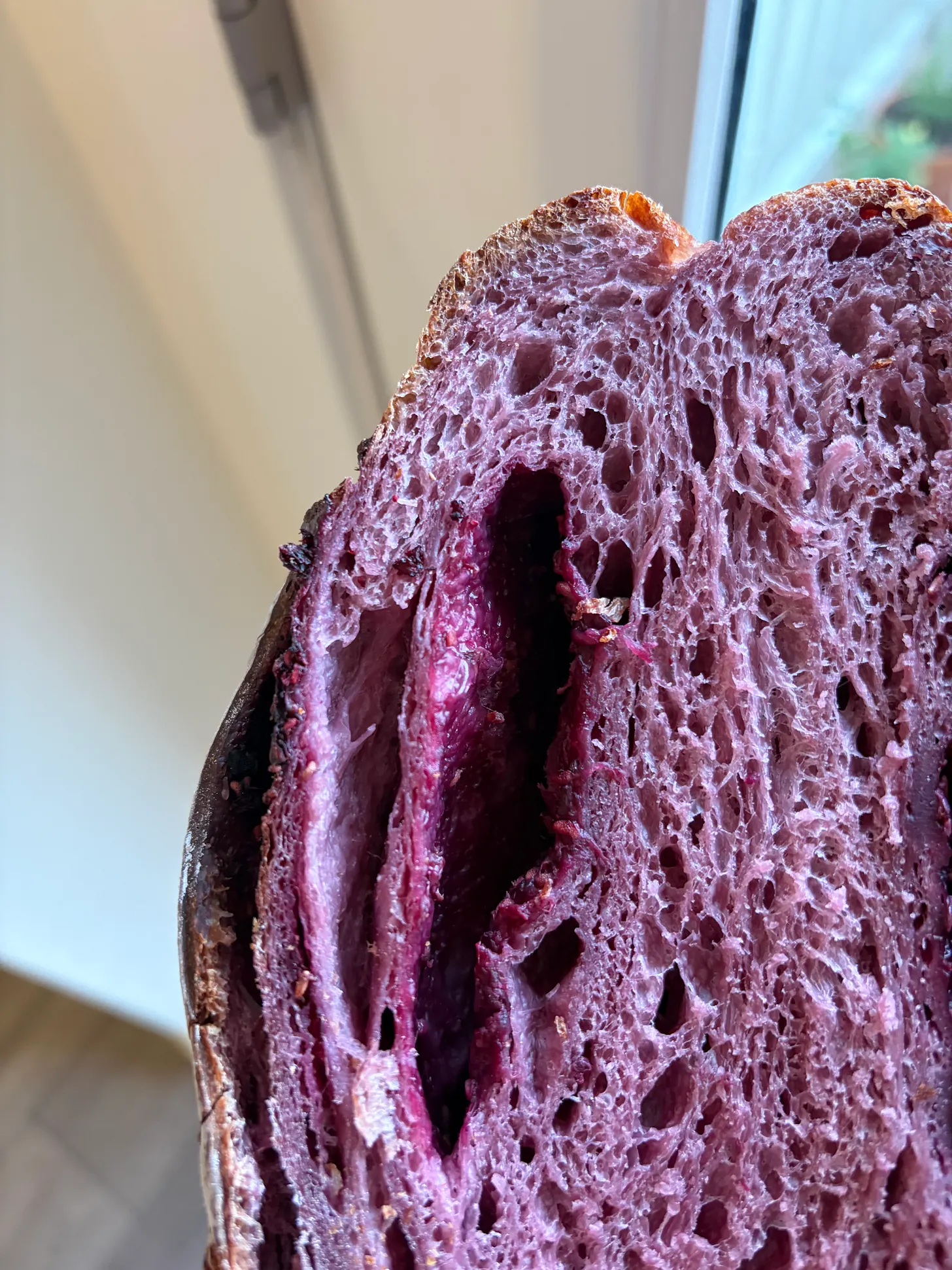 Tri berry sourdough scored and dusted with rice flour
