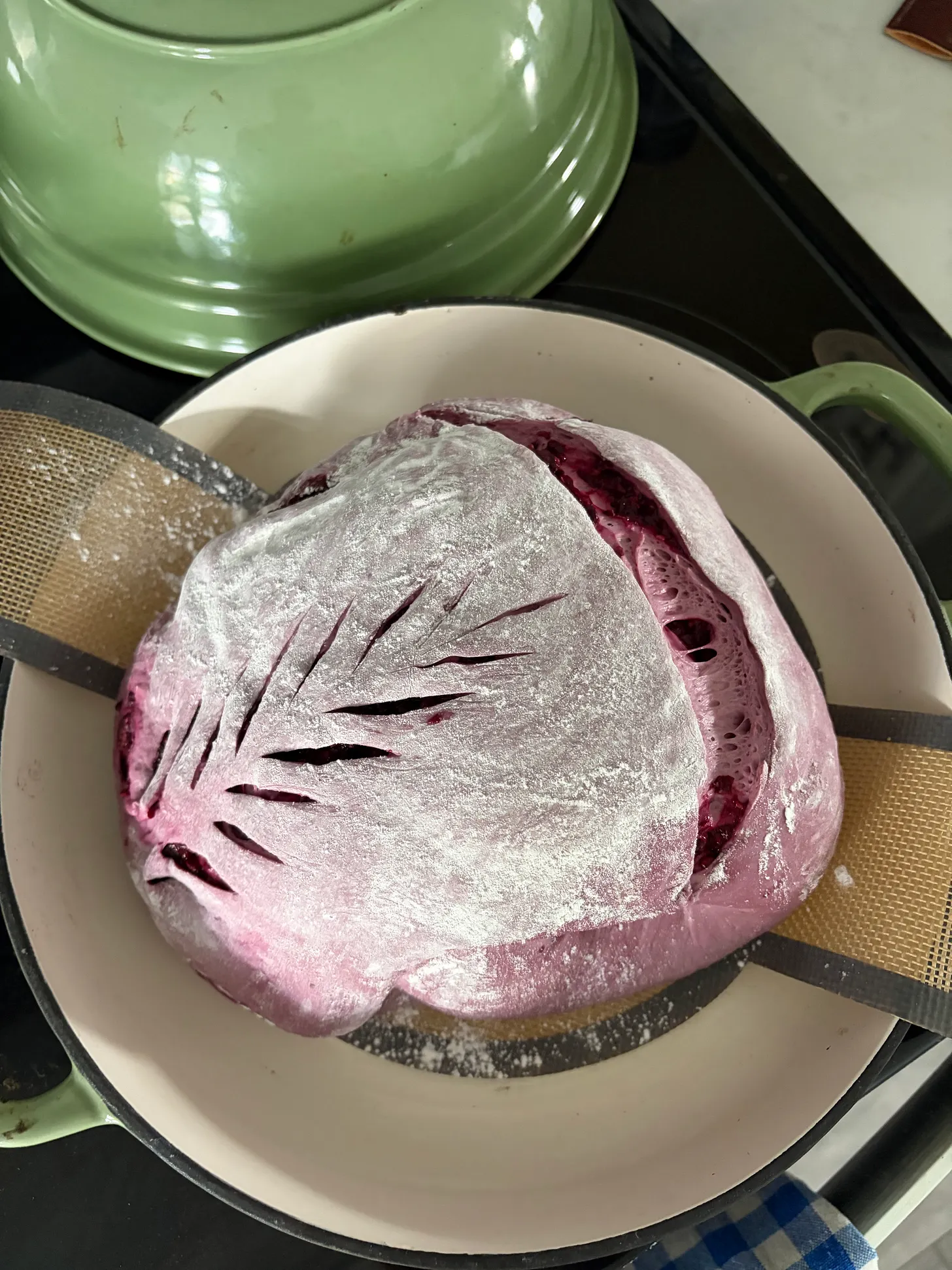Tri berry sourdough loaf scored and ready to bake